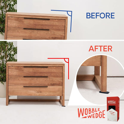 Wooden dresser with 'Before' and 'After' comparison showing a black Wobble Wedge product.