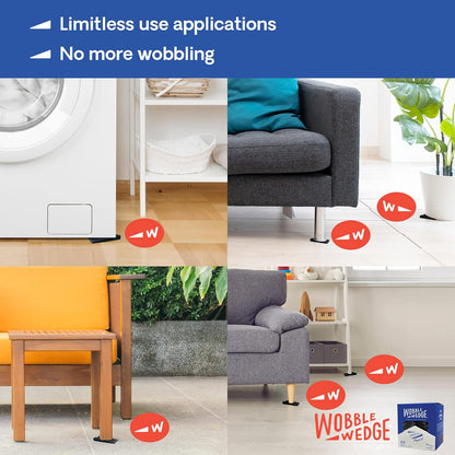 Black rigid Wobble Wedge product being used under various furniture items to stabilize them.