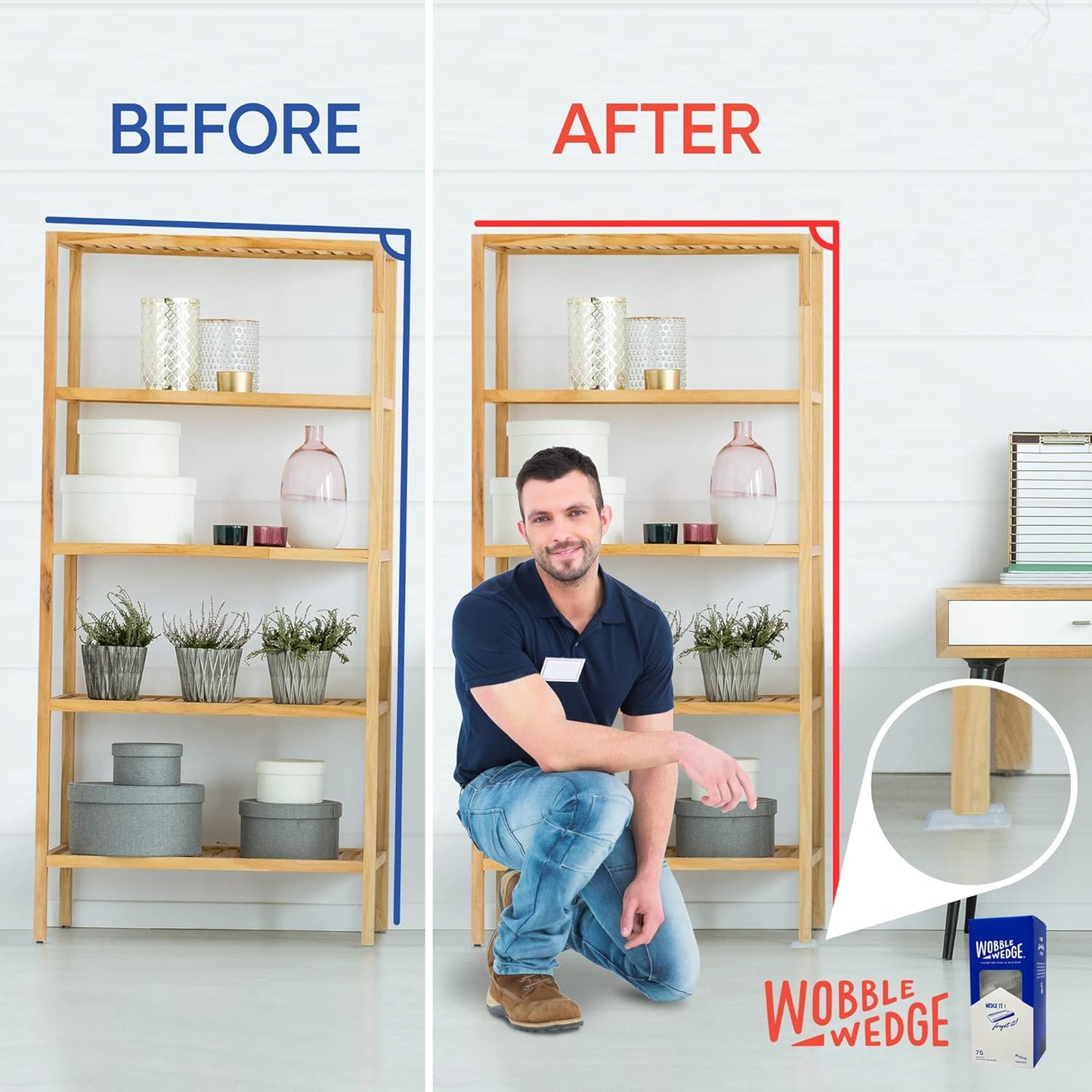 Before and after comparison of a shelf with a Wobble Wedge product.