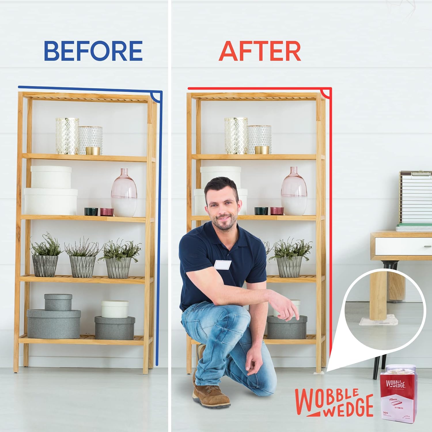Before and after comparison of a shelf with a Wobble Wedge support.