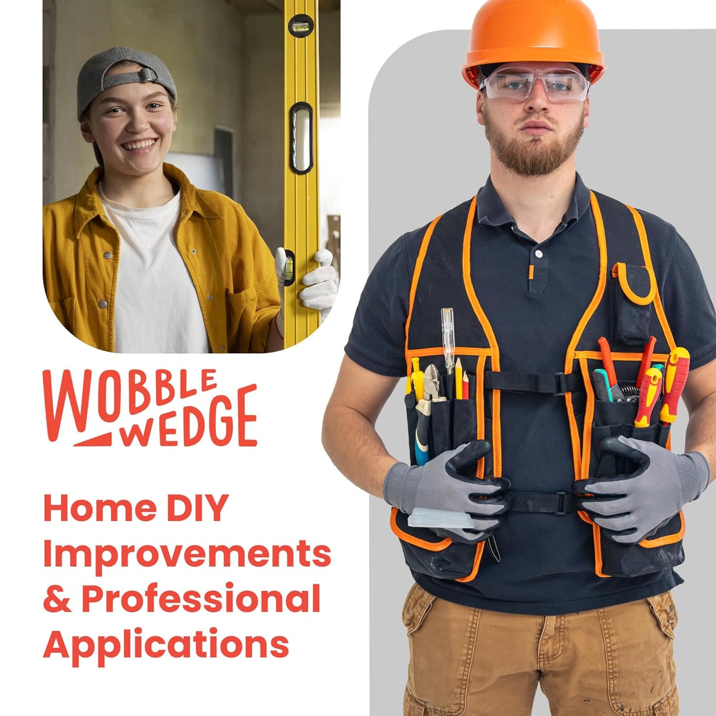 Two people with tools and safety gear for Wobble Wedge home DIY applications