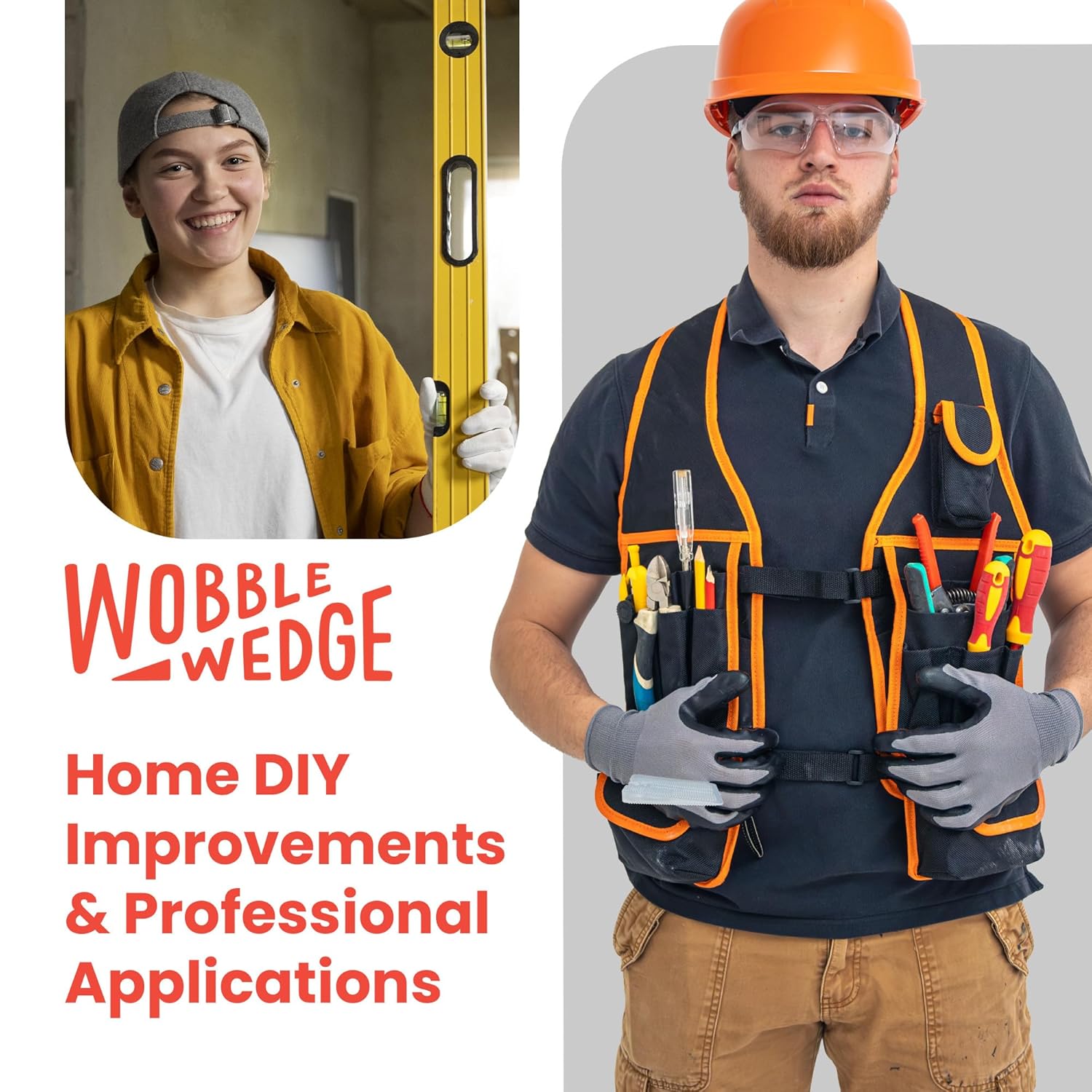 Two people with tools and safety gear for Wobble Wedge home DIY applications