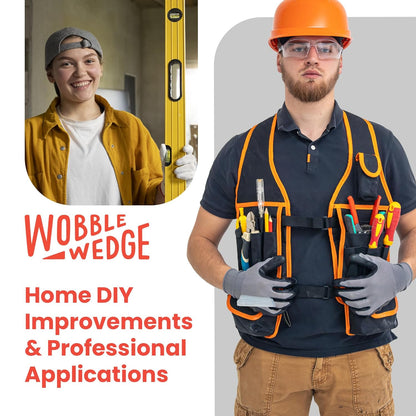 Two people with tools and safety gear for Wobble Wedge home DIY applications