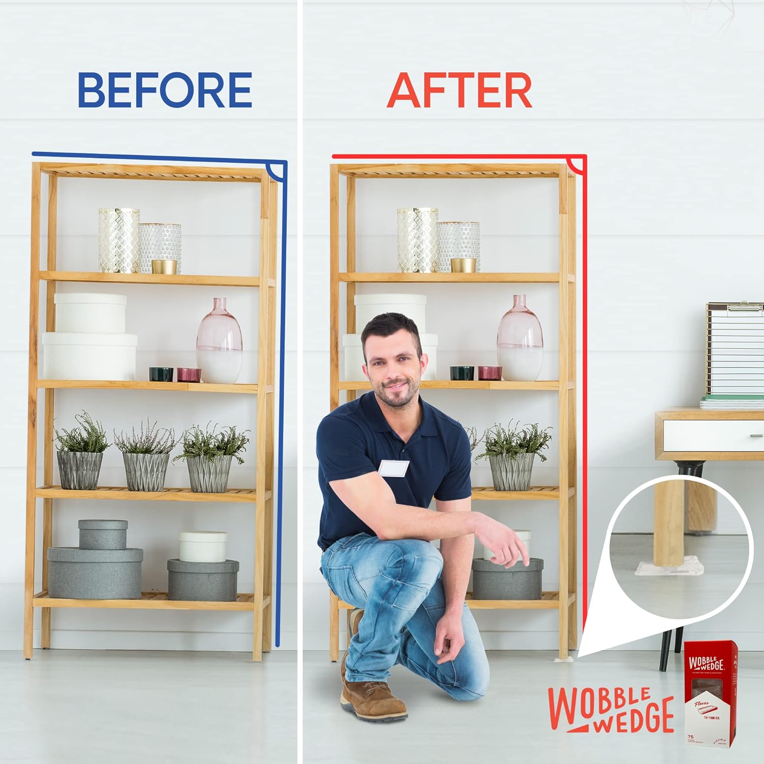 Before and after comparison of a shelf with a Wobble Wedge product being used