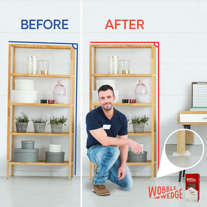 Before and after comparison of a shelf with a Wobble Wedge product being used