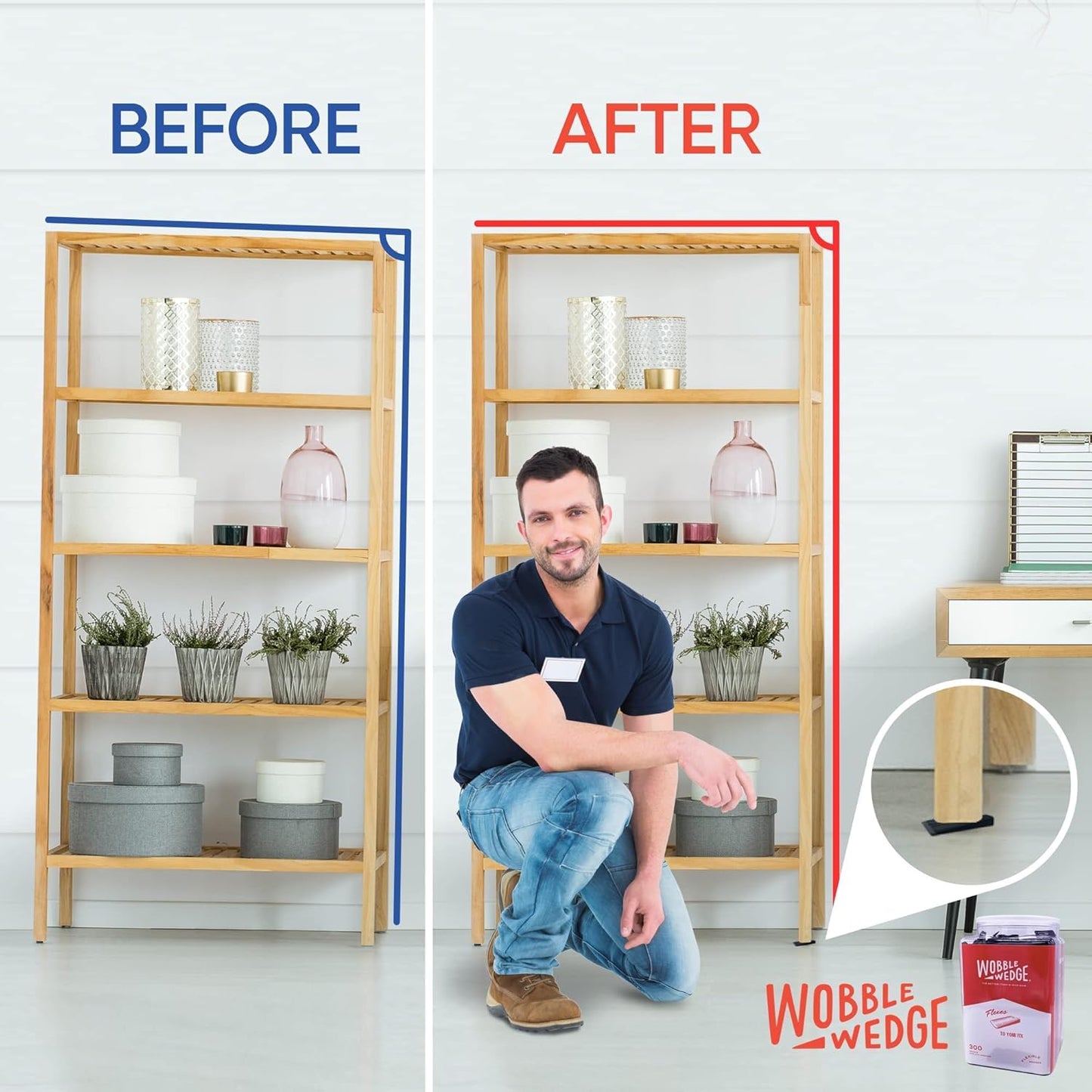 Before and after comparison of a shelf with a black Wobble Wedge product.