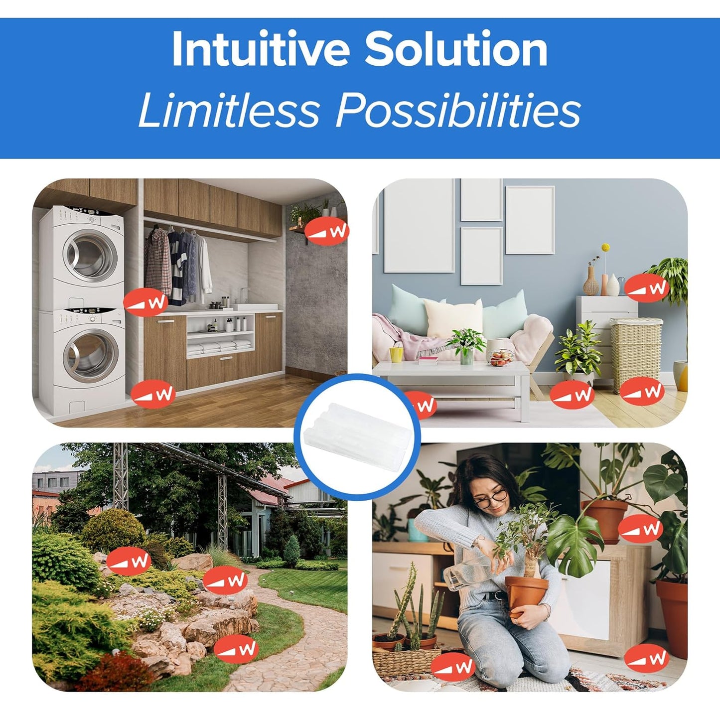 Wobble Wedge use scenarios in kitchen, living room, garden, and plant settings with “Intuitive Solution, Limitless Possibilities” text