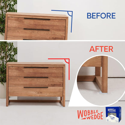Comparison showing a wooden drawer before and after stabilization using translucent Wobble Wedge product