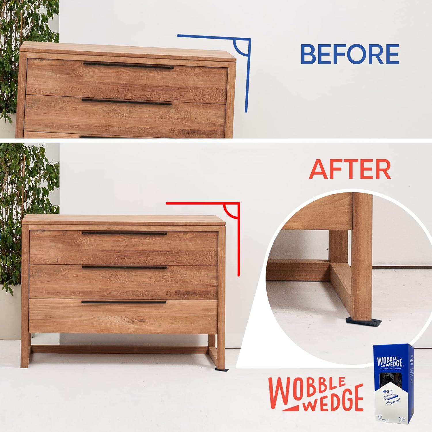 Wooden dresser with 'Before' and 'After' comparison used a black rigid Wobble Wedge for stabilization.