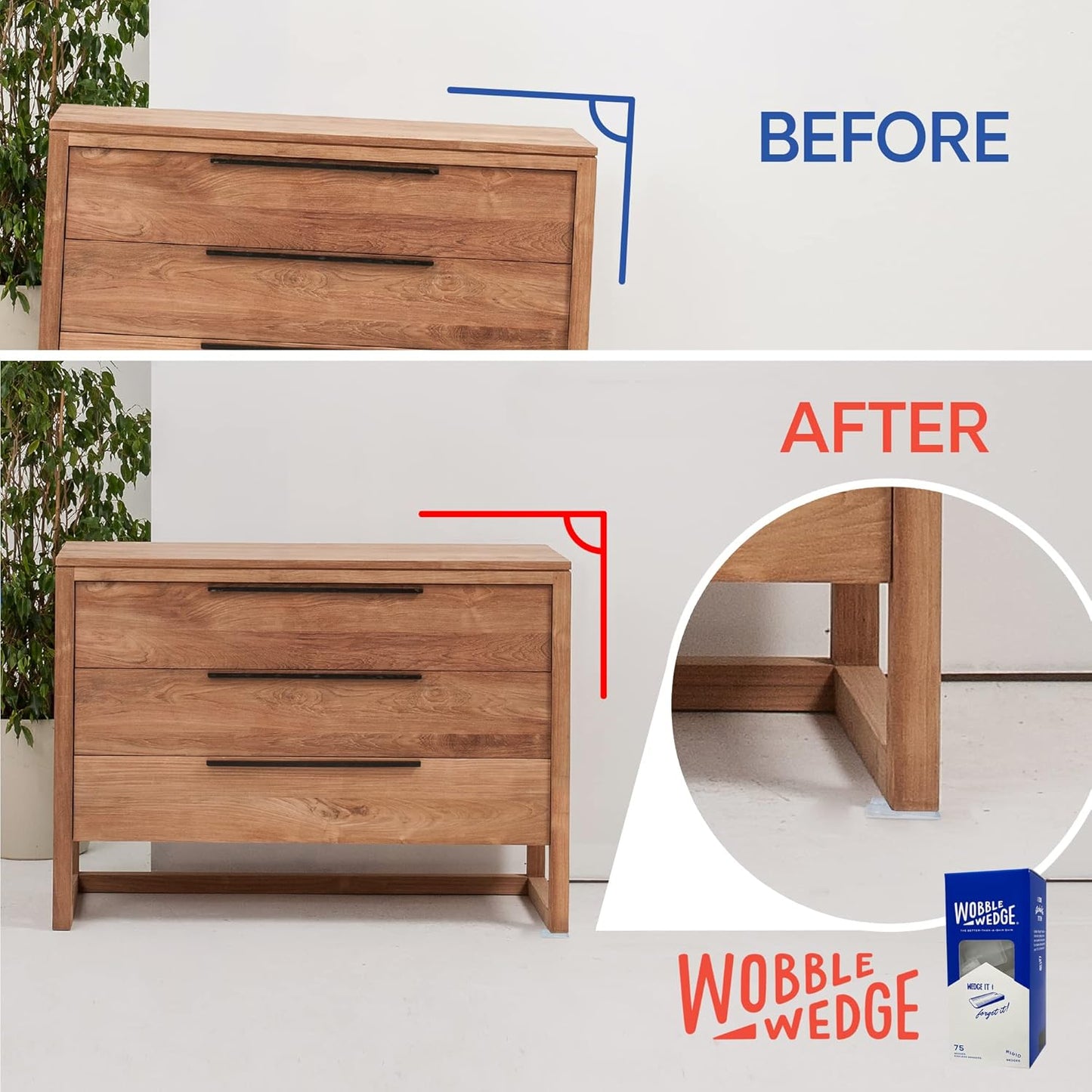 Before and after comparison of a wooden drawer with Wobble Wedge product used.