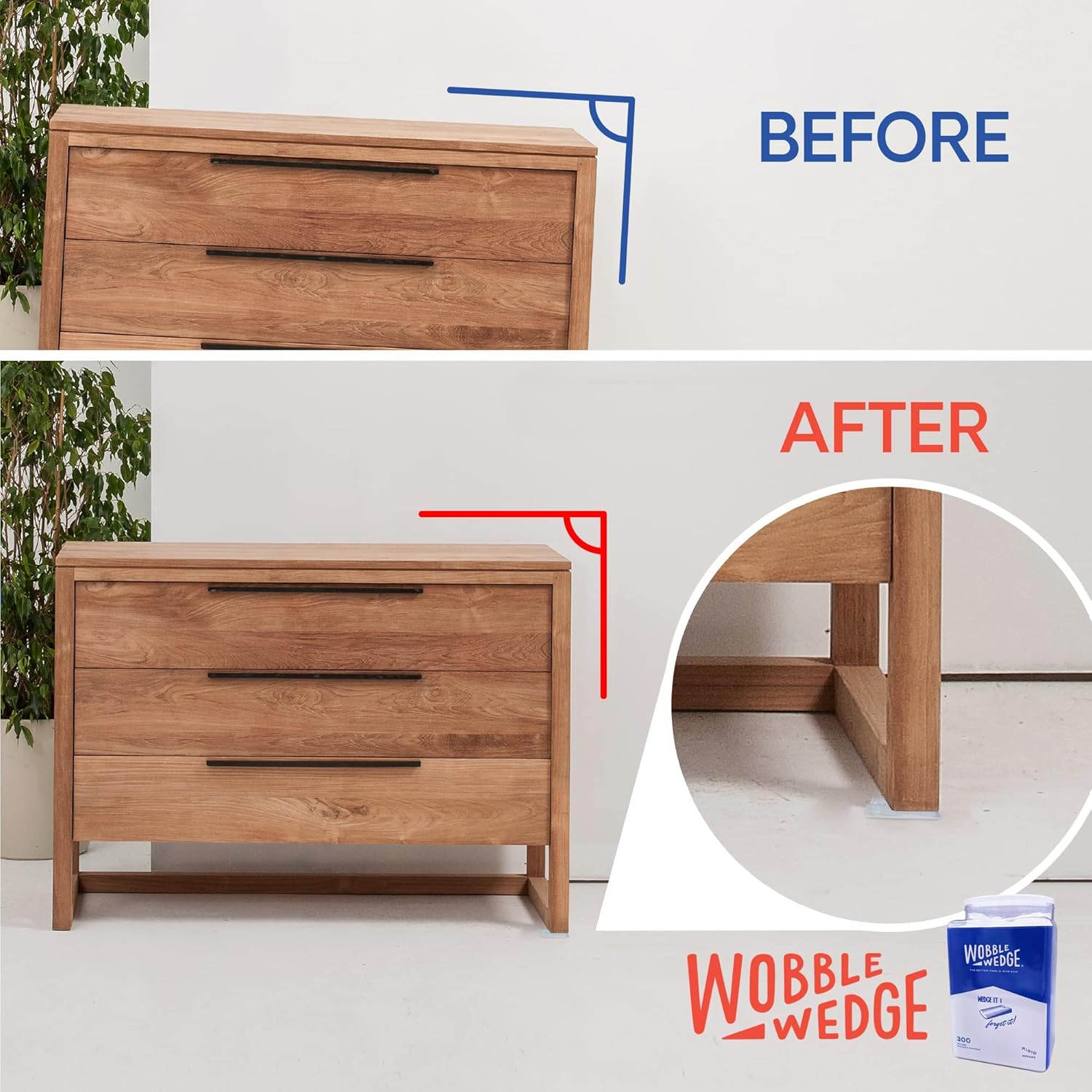 Before and after comparison of a wooden drawer unit with Wobble Wedge product shown.