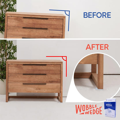 Before and after comparison of a wooden drawer unit with Wobble Wedge product shown.