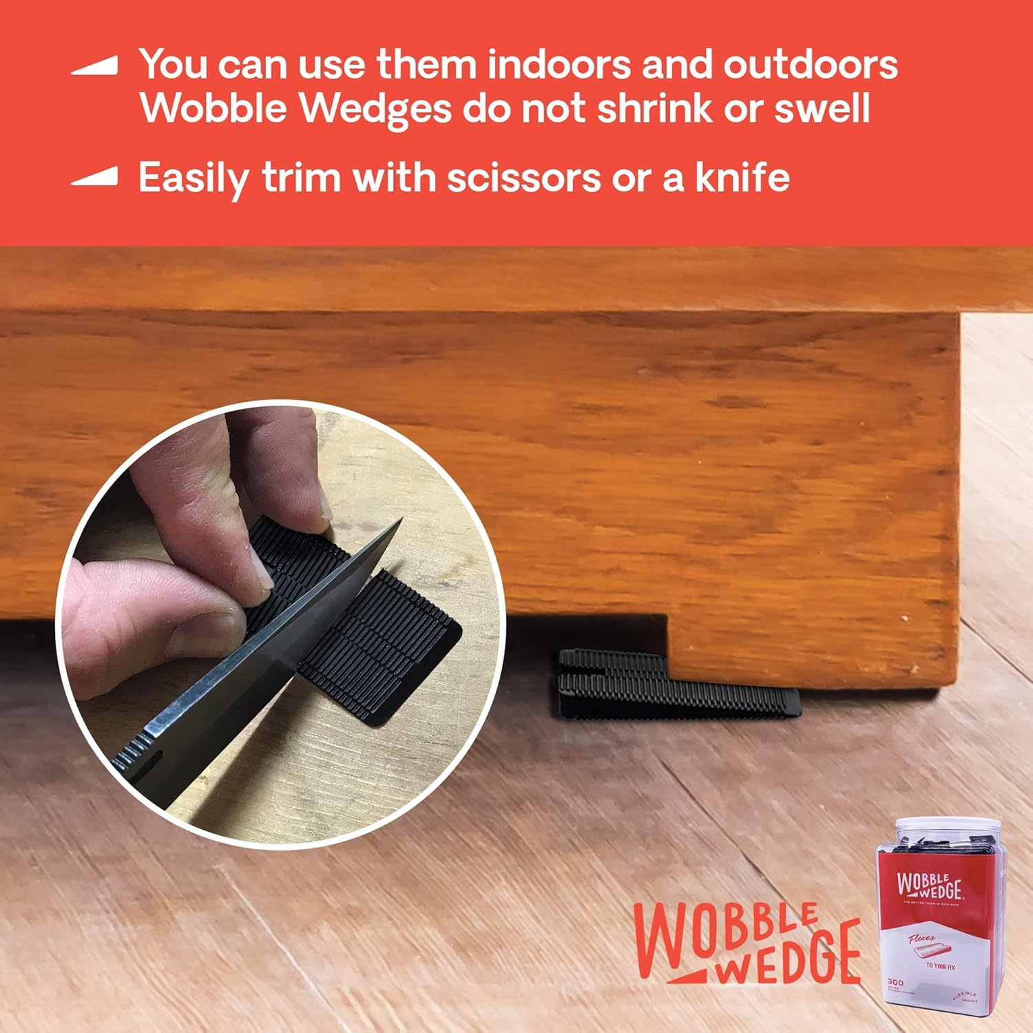 Black Wobble Wedge being used to level a wooden surface with text about its use and features.