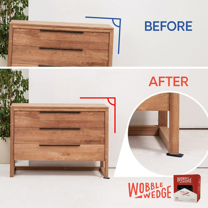 Wooden drawer with black Wobble Wedge product shown before and after use.