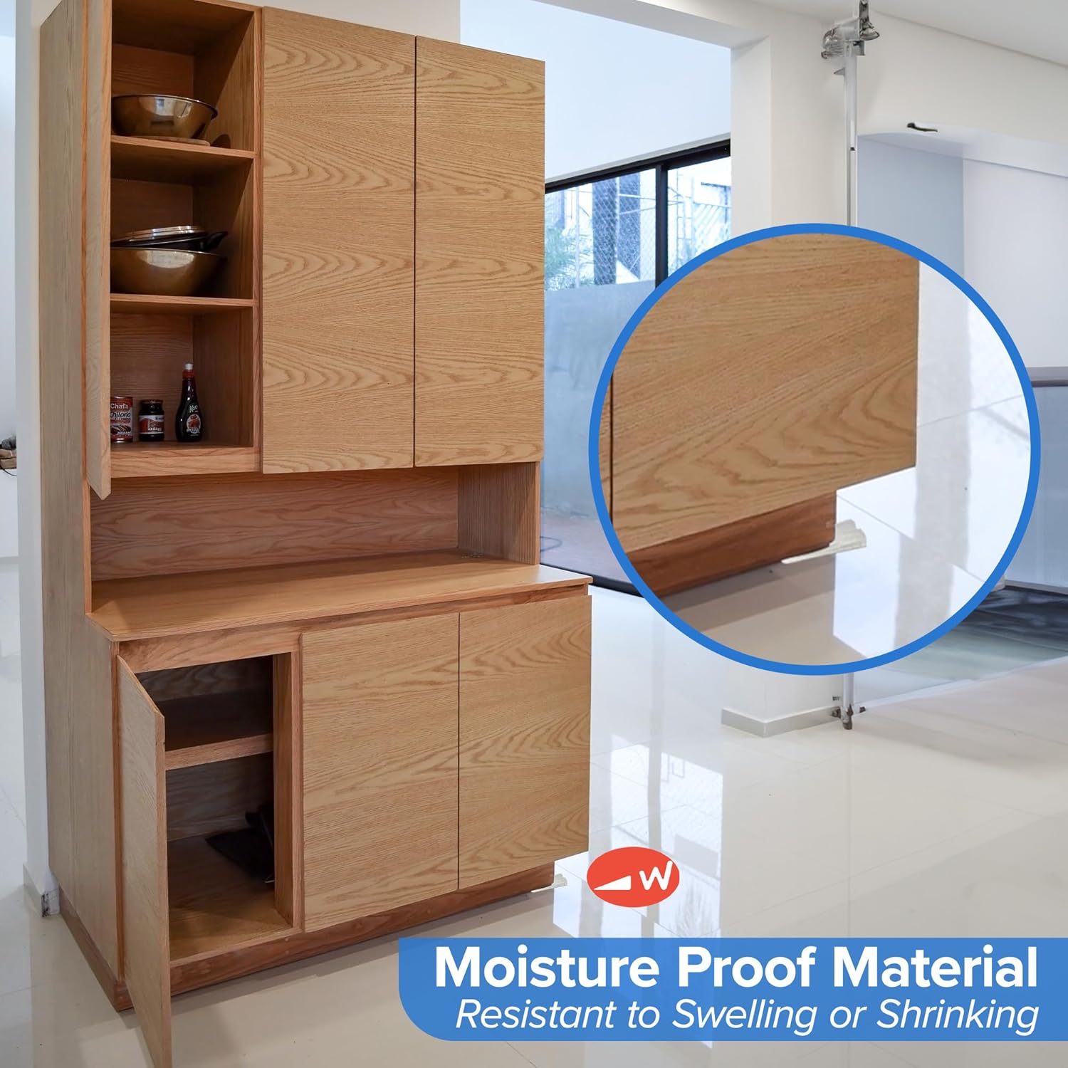 Kitchen cabinet supported by Wobble Wedge showing moisture-resistant and anti-swelling material benefits