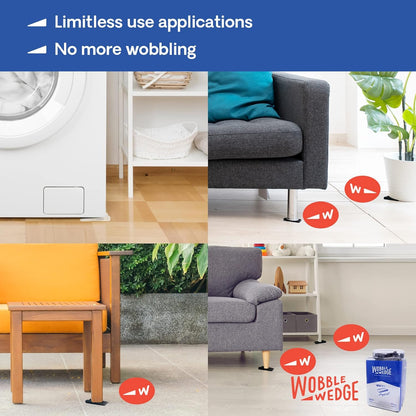Black rigid Wobble Wedge product being used under different furniture and appliances to stabilize them.