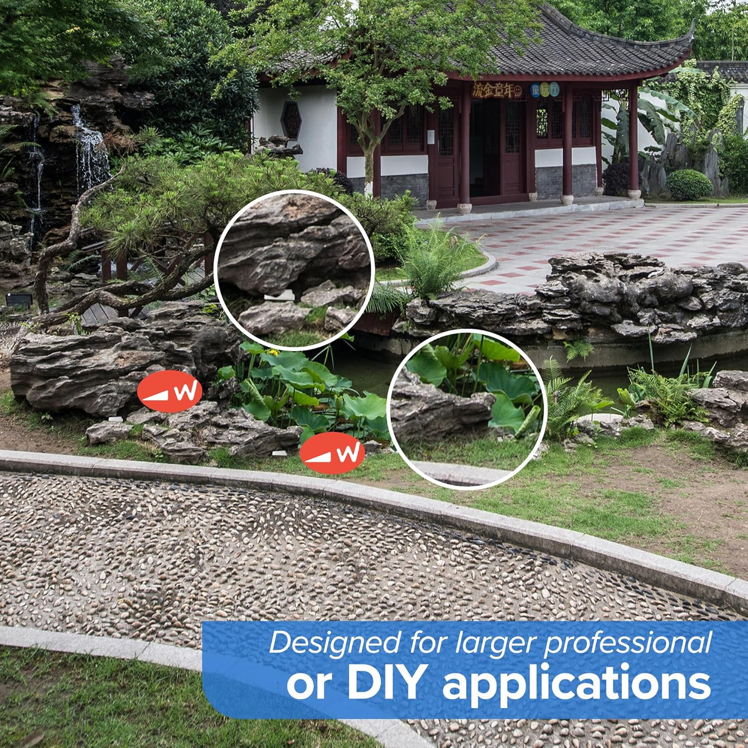 Garden setting with rocks and building showing Wobble Wedge used in professional and DIY applications